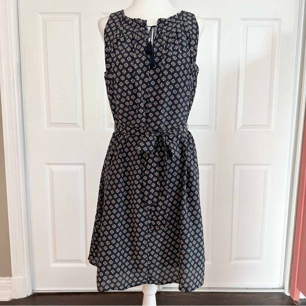 Madewell Navy and Tan Sleeveless Pleat Neck Silk Dress